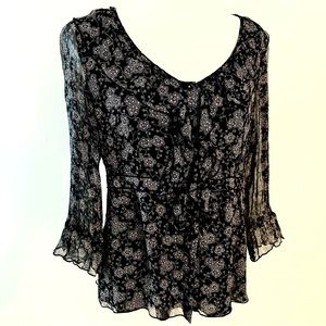 Nine West Silk Floral Ruffle Long Sleeve Blouse, Black US 10